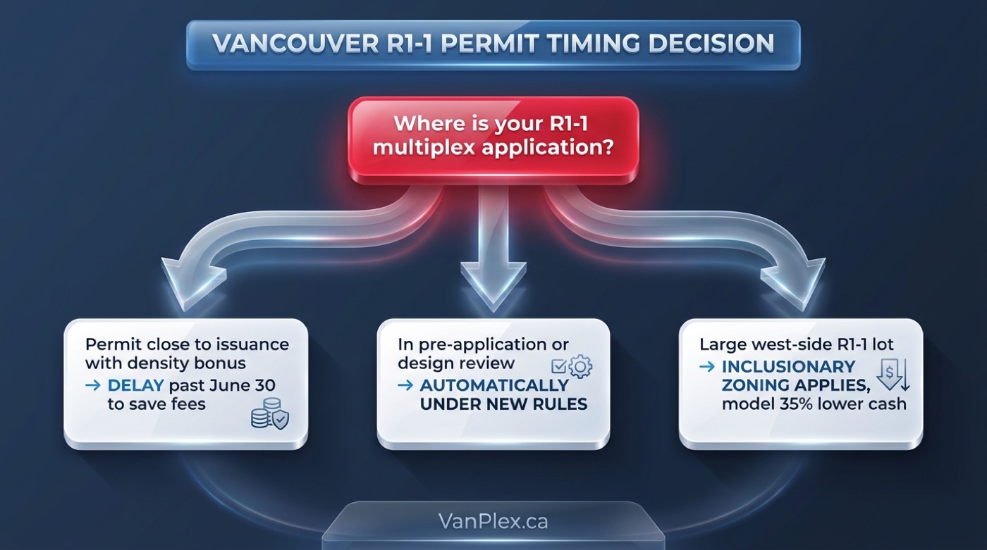 Decision tree for Vancouver multiplex applicants showing whether to push permit issuance before or after June 30 2026 based on project stage and density bonus exposure