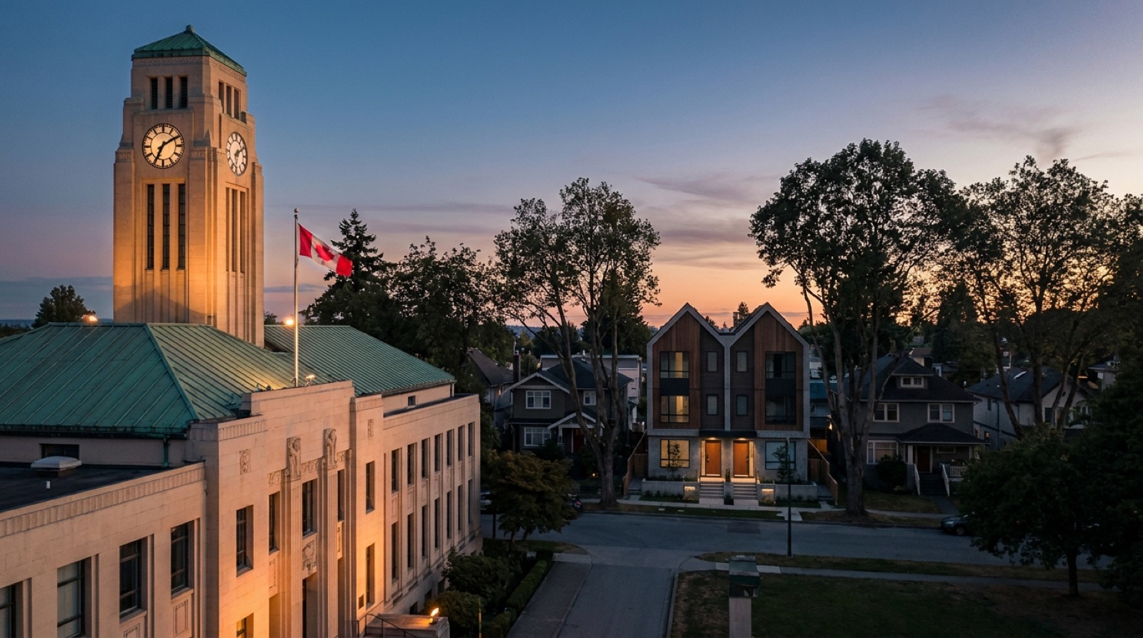 Vancouver City Hall with overlay text showing June 30 2026 density bonus removal deadline affecting more than 90 percent of R1-1 multiplex lots in compliance with provincial Bill 16